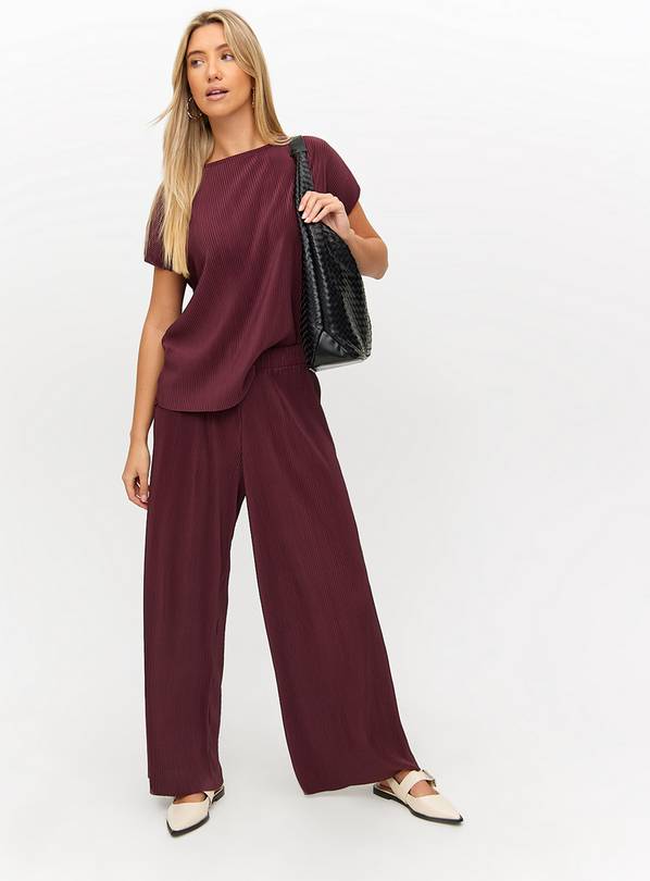 Burgundy Plisse Wide Leg Co-ord Trousers  6R